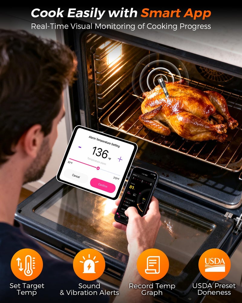 Alfolive 2025 AI Wireless Meat Thermometer, Smart Bluetooth Meat Thermometer Digital, ±0.5°F High Accuracy, Grill Temperature Probe for BBQ, Grilling, Smoker, Oven, Cooking, Air Fryer, 1 Probe - Image 4